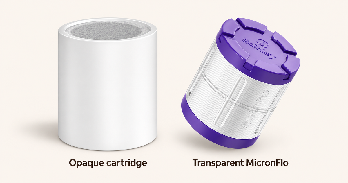 A plain white opaque shower filter cartridge next to a transparent Rainley MicronFlo cartridge with white pleats and purple end caps.