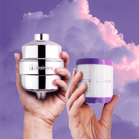 Hands holding a Rainley Bossa shower filter and a MicronFlo cartridge against a purple cloud sky