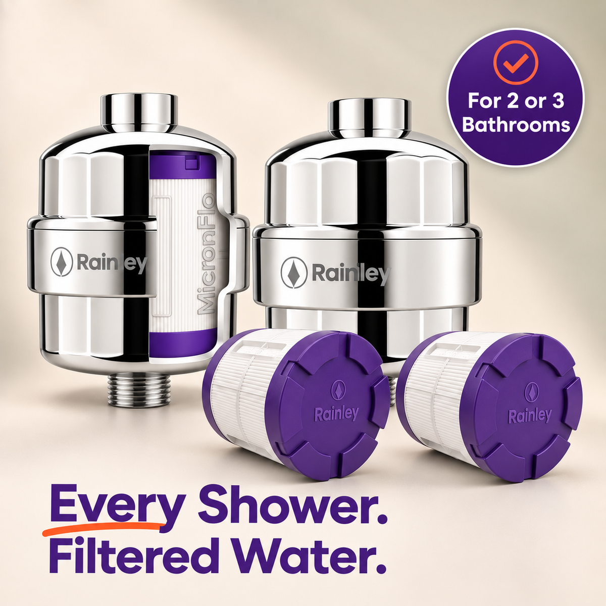 Rainley Multi-Bathroom Shower Filter Kit for Hard Water | 2-3 Bathrooms