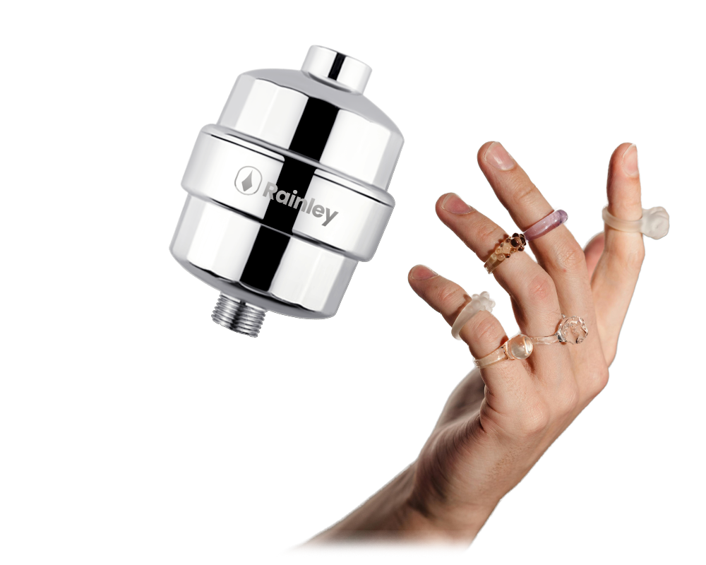 Chrome shower filter with Rainley branding next to a hand
